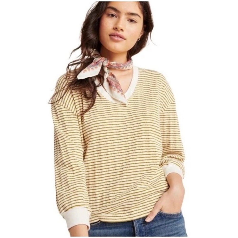 Anthropologie Striped V-Neck Top Olive Green Cream 3/4 Sleeve Size S